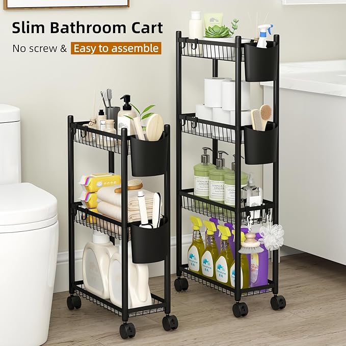 Slim Storage Cart with Wheels, 4 Tier Narrow Rolling Utility Carts, Skinny Metal Bathroom Organizer, Thin Mobile Shelf Unit for Bathroom Kitchen Laundry Room Office Small Spaces, Black