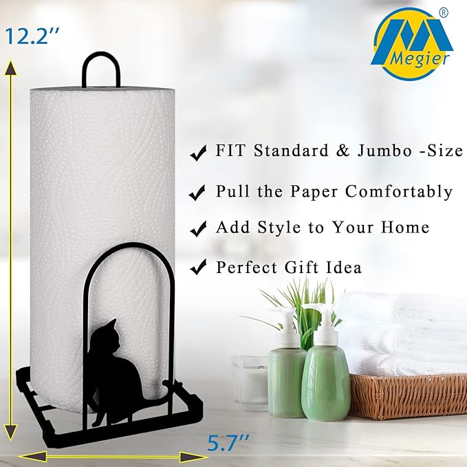 Paper Towel Holder, Kitchen Countertop Paper Towel Stand, Fits Standard Jumbo Roll in Dining Table or Bathroom, Metal Toilet Paper Dispenser with Heavy Duty Base (Black)