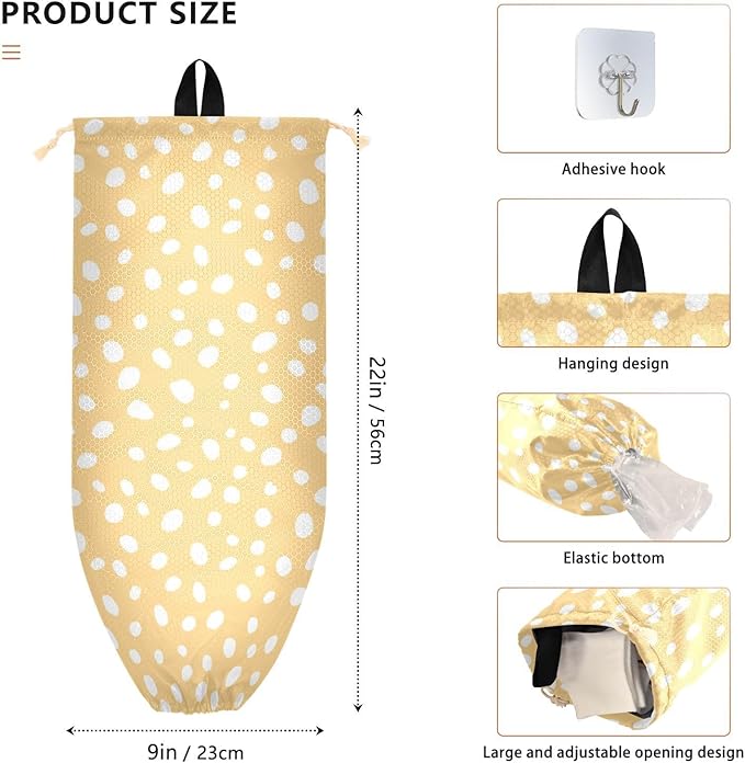 1 PC Plastic Bag Holder Wall Mount Grocery Bag Holder Shopping Bag Trash Bag Storage Organizer Dispenser for Kitchen Closet 22 x 9 Inch White Dots Yellow