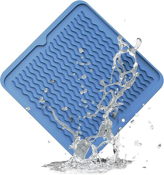 ZLR Silicone Dish Drying Mat 12" x 12" Square - Small Heat Resistant Trivet & Countertop Protector for Air Fryer, Coffee Maker - Waterproof Kitchen Drain Pad for Cups, Fruit (Lichen Blue)