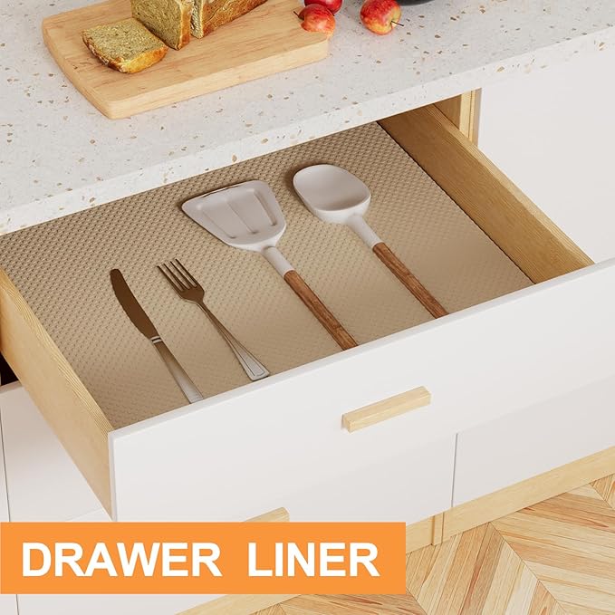 FLPMIX Kitchen Cabinet Liner Non-Adhesive: Waterproof Bathroom Drawer Liners Mat - Easy to Cut Small Cupboard Shelf Liner for Pantry Shelves - Oil-Proof Khaki 12" x 396"