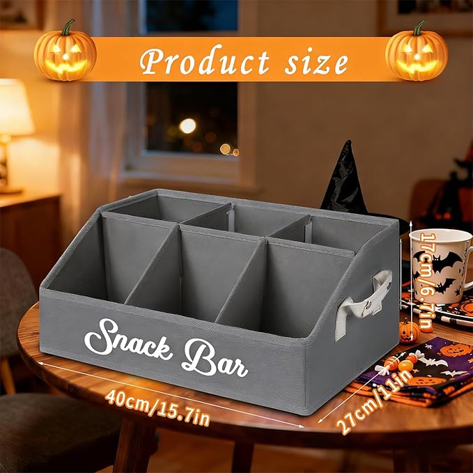Snack Organizer for Countertop, Snack Basket with Adjustable Compartments via Velcro, 6 Compartment Food Container, Basket for Snacks with PU Handles, Gray