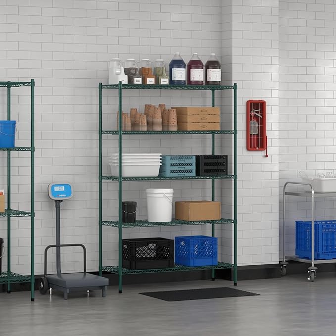 Commercial NSF Listed Green Epoxy Stationary Wire Shelving Kit 18" x 48" x 74", with 5 Shelves Perfect for Warehouse, Walk-in Refrigerator, Freezer, Grocery Store, Restaurant, Dishroom