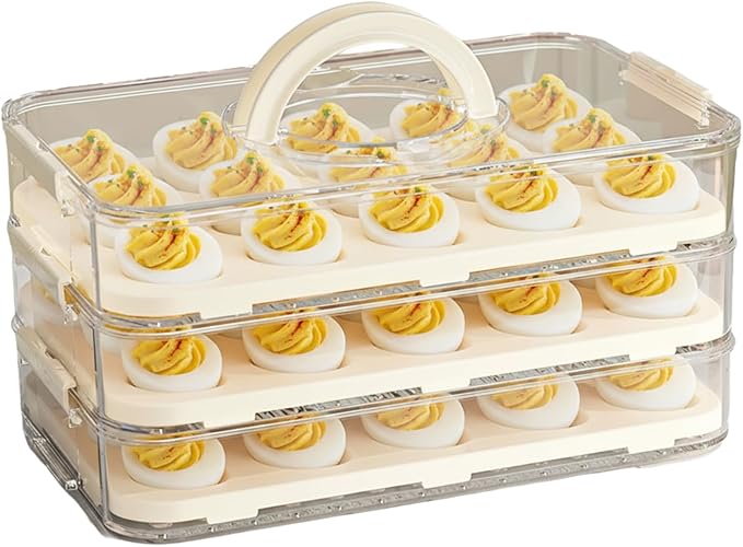 hhhlsl Deviled Egg Carrier 3-Layer Plastic Clear Deviled Egg Tray with Lid & Handle & Buckle Thickened 60 Holder for Fridge, Travel, Party