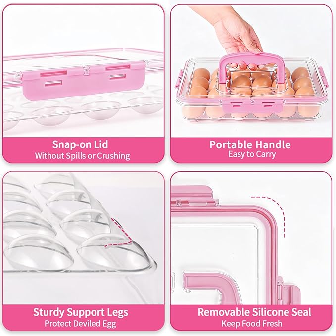 RoskDeewat Deviled Egg Containers with Lid, 2 Pack Thick Clear Plastic Deviled Carrier with Handle Storage 48 Eggs, Stackable Egg Holder Portable Tray Platter for Fridge, Travel, Party-Pink