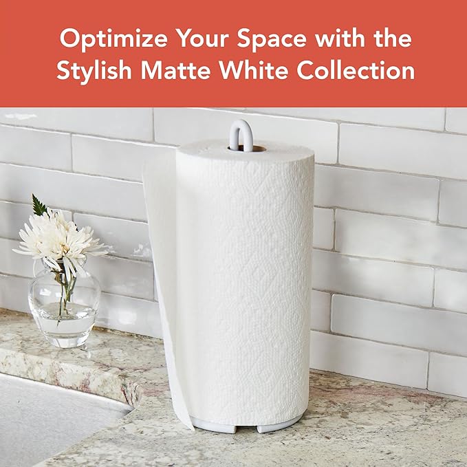 Spectrum Euro Modern Paper Towel Holder Countertop Kitchen Organizer Vertical Standing Roll Dispenser, Weighted Paper Towel Base Durable Steel Construction Fits Standard Jumbo Rolls, Matte White