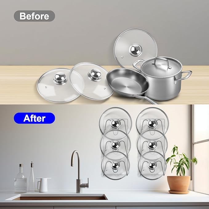UpChoNice 2 Pack Pot Lid Organizer Rack, 6 Tier Hanging Pot Lids Holder Inside Cabinet Door, No Drilling Adhesive Wall Mounted Pan Lid Organizer, Kitchen Cooking Lid Storage Rack for Cupboard (Silver)
