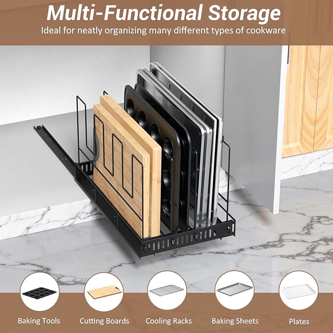 Housolution Pull Out Large Baking Tray and Cookie Sheet Organizer, 20" Deep Cutting Board Organizer with 4 Adjustable Dividers, 12" Wide Bakeware Muffin Pan Storage Rack for Cabinet