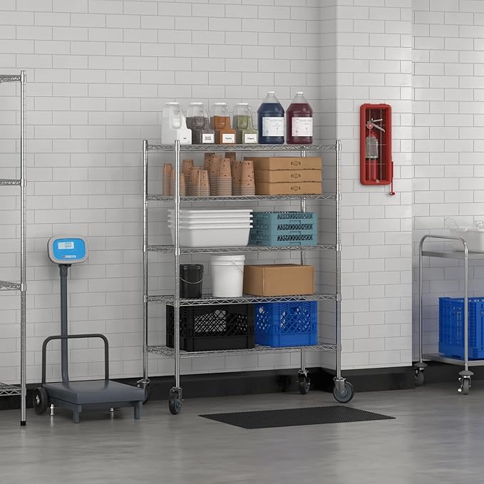 Commercial NSF Listed Chrome Mobile Wire Shelving Kit 18" x 42" x 60", with 5 Shelves Perfect for Warehouse, Walk-in Refrigerator, Freezer, Grocery Store, Restaurant, Dishroom