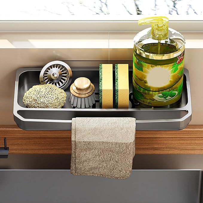 Sink Rack Sponge Organizer | Countertop Kitchen Holder with Auto Drain Tray | Dish Soap Sponge Brush Storage Gear | Durable Water-Draining Sink Rack for Clean and Organized Counters