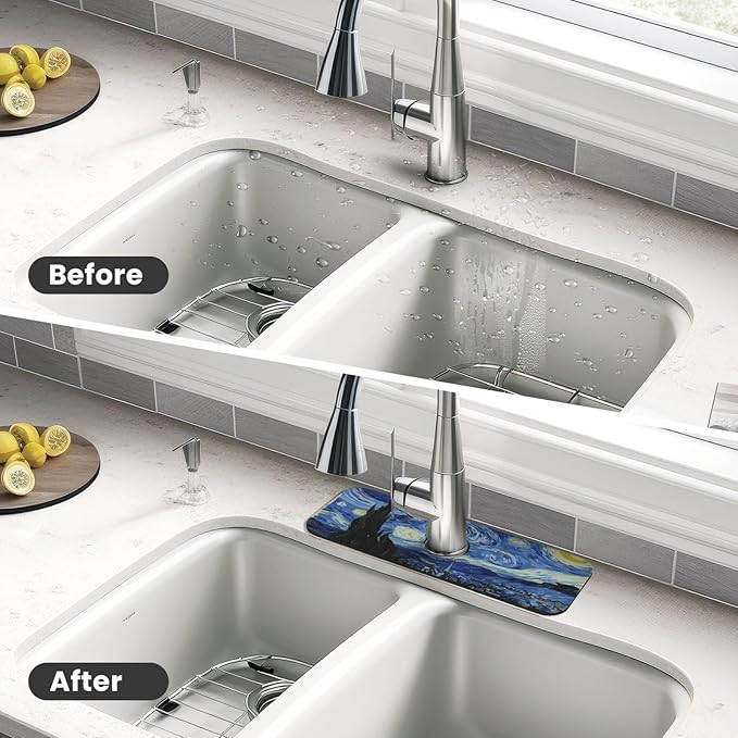 The Starry Night Kitchen Sink Splash Guard Faucet Mat Super Absorbent Fast Drying Mat Sink Gadgets-Fast Drying Pad Sink Mat For Kitchen Bathroom (15" X 5.5" )