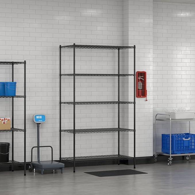 Commercial NSF Listed Black Epoxy Stationary Wire Shelving Kit 24" x 48" x 86", with 5 Shelves Perfect for Warehouse, Walk-in Refrigerator, Freezer, Grocery Store, Restaurant, Dishroom