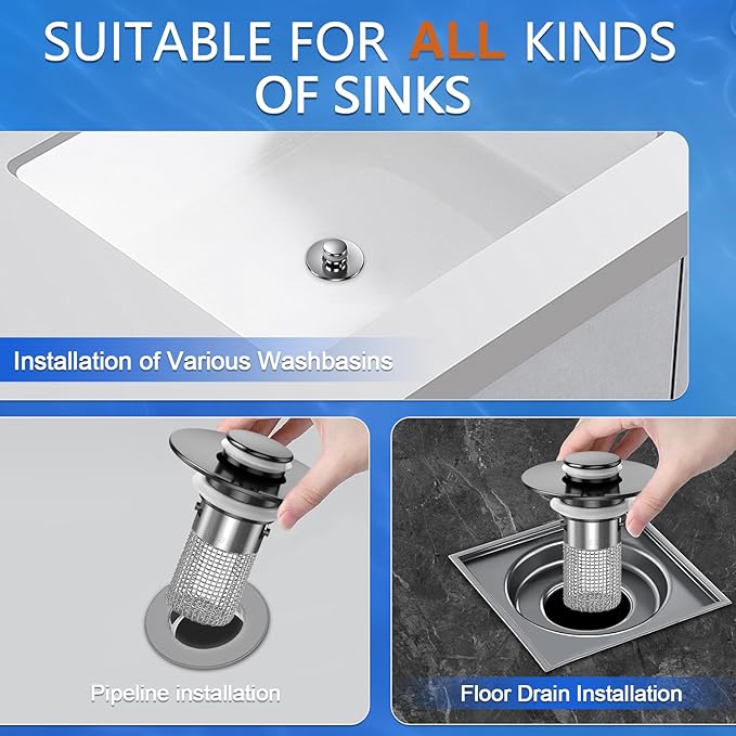 Sink Stopper Hair Catcher, Pop-up Sink Drain Strainer with Removable Stainless Steel Strainer Basket Hair Catcher, Bathroom Sink Strainer for Bathroom Sink Stopper Replacement(Matte Black-1PCS)