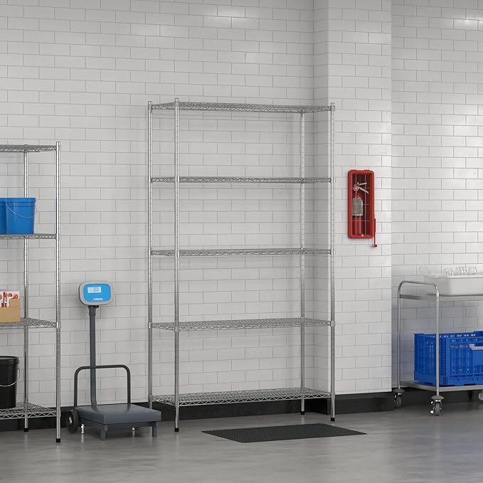 Commercial NSF Listed Chrome Stationary Wire Shelving Kit 18" x 48" x 86", with 5 Shelves Perfect for Warehouse, Walk-in Refrigerator, Freezer, Grocery Store, Restaurant, Dishroom