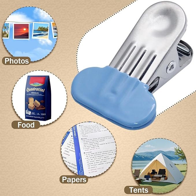 PHITUODA 12 Pack Chip Bag Clips with Silicone Edges, 1.5 Inches Wide Chip Clips Food Clips Bag Clips Stainless Steel Food Bag Clips - Air Tight Seal, Heavy Duty for Kitchen and Office, Blue