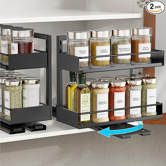 iSPECLE 2 Pack Pull Out Spice Rack - Rotate Peel and Stick No-Drill Vertical Spice Rack Organizer for Cabinet Easy Access Spices, Adjust Height for 4oz to 8oz Spice Jars, Fits Small Pantry Cabinet
