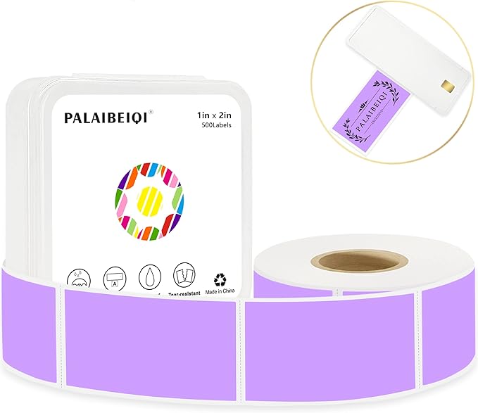 PALAIBEIQI 1x2 Inch Thermal Labels,500PCS Rectangle Stickers,Waterproof Removable Blank Stickers for Address,Jars,Freezer Containers & Pantry Organization,Light Purple