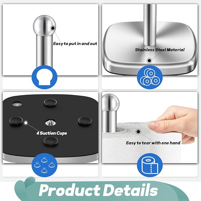 DAWNER SecureGrip Stainless Steel Paper Towel Holder Countertop, Paper Towel Stand, Dual-Weighted Suction Base for Kitchen & Bathroom‌