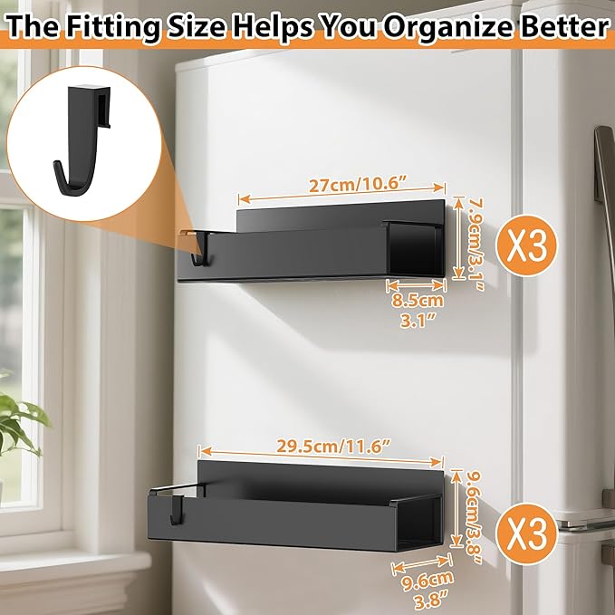 6 Pack Magnetic Spice Rack Organizer for Refrigerator and Oven, Movable Magnetic Hanging Kitchen Spice Rack with 6 Hooks, Black