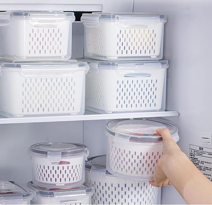 Ronanemon 3Pack Fridge Food Storage Container Set with Lids with Strainer, Fruit Vegetable Storage Containers Keep Fruits, Vegetables, Berry, Meat Fresh longer, BPA-Free Plastic Produce Keepers