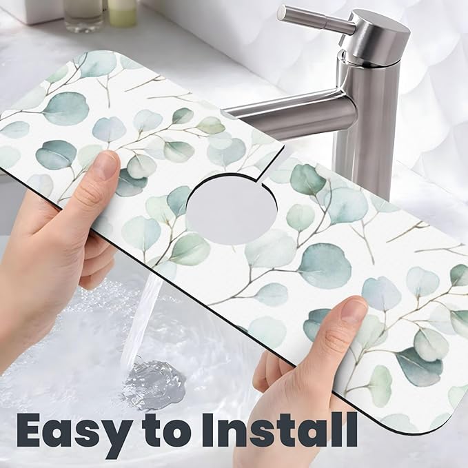 Sage Green Leaves Watercolor Branch Plant Kitchen Sink Splash Guard Faucet Mat 1 Pcs, Absorbent Fast Drying Mat Gadgets Splash Guard For Bathroom 15 X 5.5 Inches