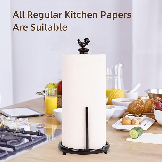 Vintage Rooster Paper Towel Holder - Easy One Handed Tear Cast Iron Roll Paper Towel Dispenser Countertop, Coffee Gold