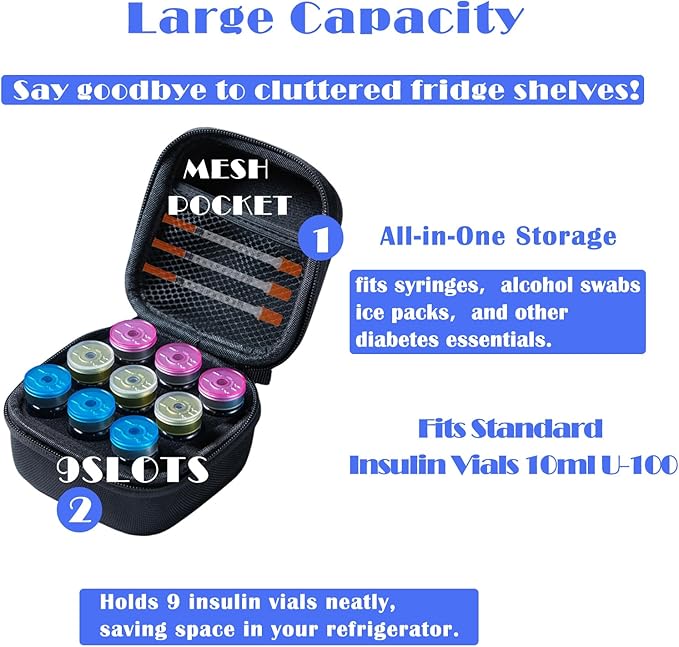 Insulin Fridge Holder Storage Case Insulin Vial Protector Holder Insulin Cooler Travel Case Organizer Fits Standard 10ml U-100 Vials,9-Slot,Black (9 Slots)