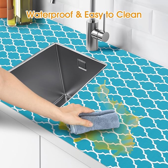 Shinlendid Shelf and Drawer Liner for Kitchen Cabinets Non-Adhesive, Strong Grip Non-Slip Thickened Cabinet Liners for Shelves, Waterproof Mats for Dresser Cupboard, Green/White, 12 in x 20 Feet