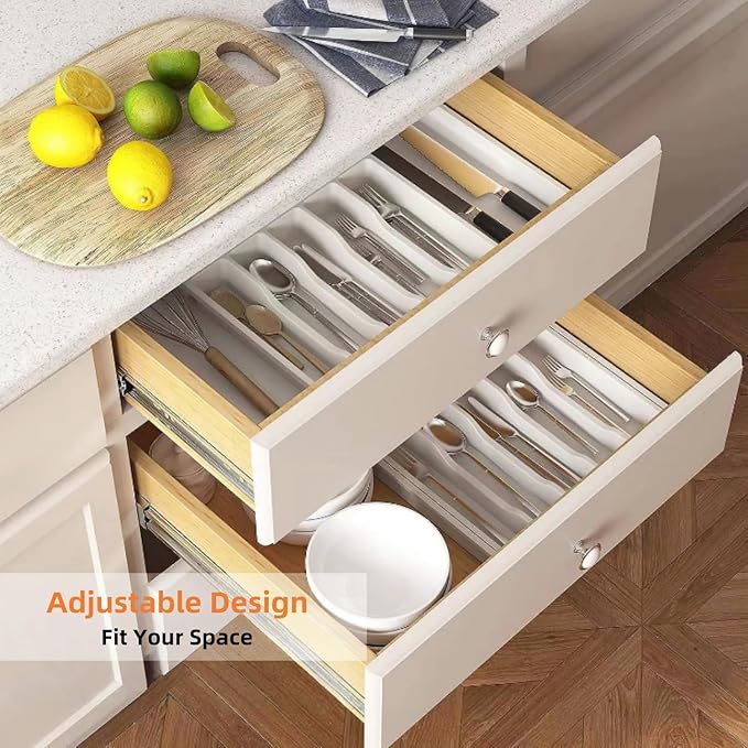 YWHWXB Silverware Drawer Organizer,Expandable Utensil Tray,Large Kitchen Drawer Organizer,Adjustable Plastic Flatware Organizer for Flatware Cutlery Spoon Knives Drawer Storage Organization (White)