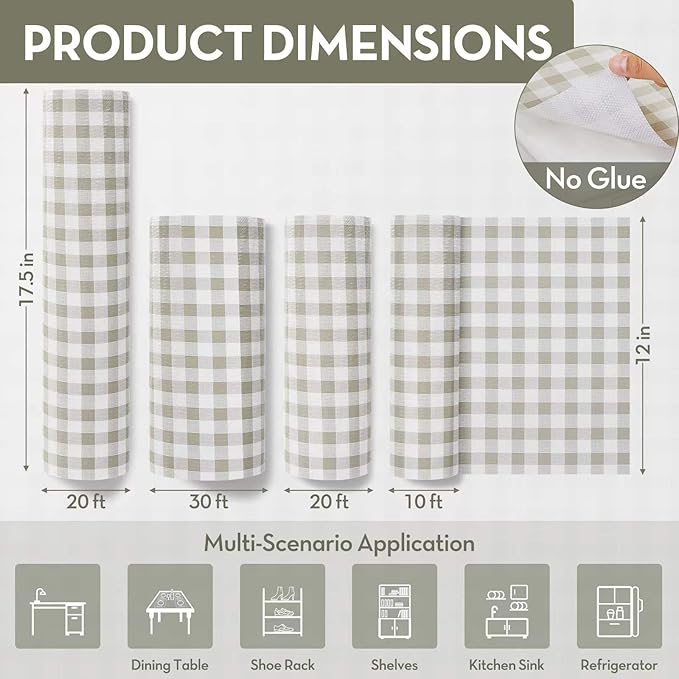Aohoofull Drawer and Shelf Liner, Non-Slip Kitchen Cabinet Liners Non-Adhesive Thick Strong Grip Waterproof Washable Mats Protect Dresser Shelves Cupboard Bathroom Cabinets, Green Plaid, 12 in X 30 FT