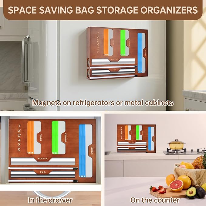 Magnetic Ziplok Bag Organizer for Refrigerator or Drawer, Natural Bamboo Foil and Plastic Wrap Organizer with Cutter, Storage Bag Holder for Gallon, Quart, Sandwich, Snack Food Bags