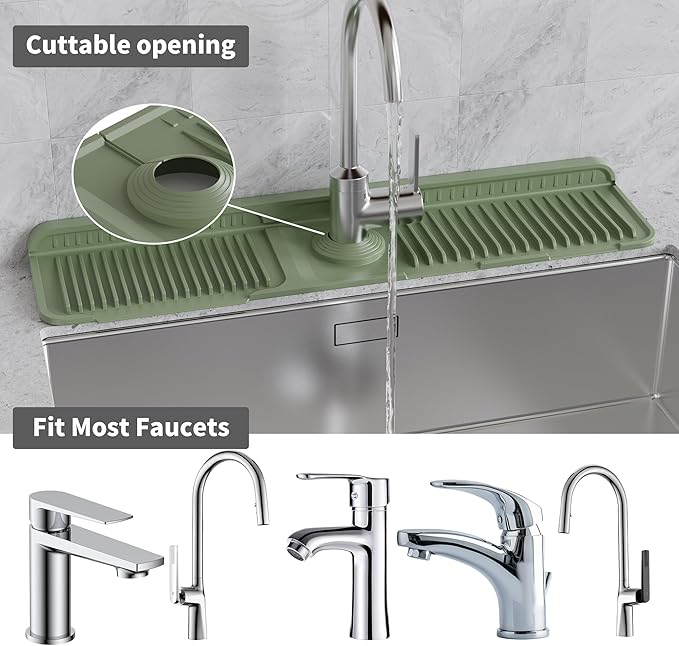 WAFT YEARN 24X5 Inch Silicone Durable Faucet Mat Kitchen Sink Splash Guard Draining Protector Tray Liner Absorbent Protective Counter Accessories For Sink Kitchen Bathroom Laundry Room Bar & RV Green