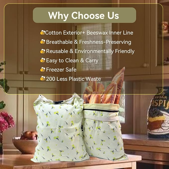 UFSCNRSA Reusable Beeswax Bread Bags, 2 Pack 16.6x12.6in Large-Organic Cotton for Sourdough Bread Homemade, Freezer Storage to Keep Fresh