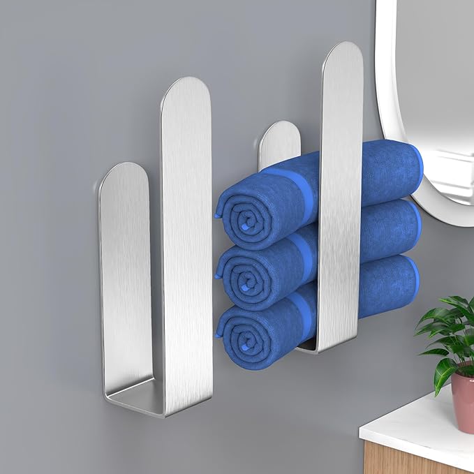 HUFEEOH 2 Pack Adhesive Hand Towel Holder, Sticky Towel Bar Towel Holder Wall Mounted, Stainless Steel Kitchen Towel Holder Hand Towel Rack for Bahtroom Hotel RV Kitchen (Silver)