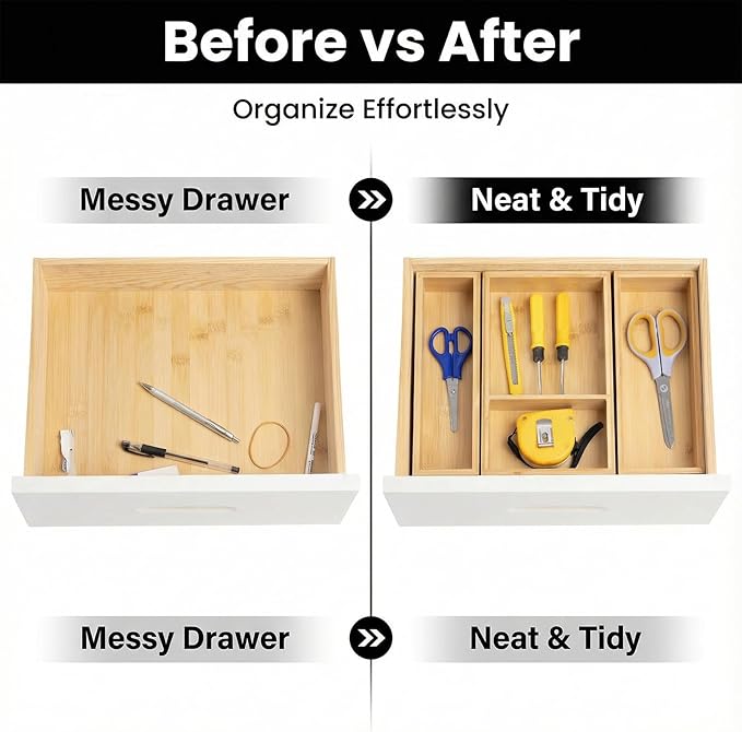 5-Piece Bamboo Drawer Organizer Set Wooden Drawer Organizer for Office，Kitchen Wood Drawer Tea Organier Boxes Silverware, Makeup and Tea Bag