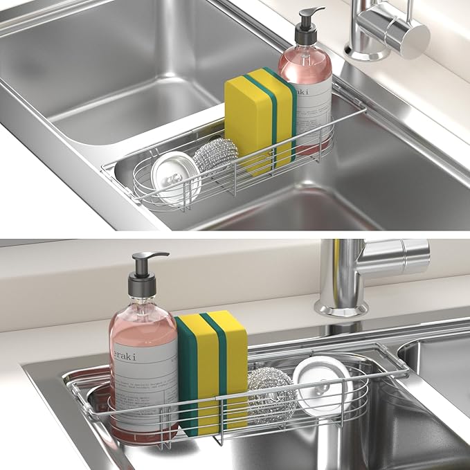 Sink Caddy Sponge Holder Kitchen Sink Organizer, Telescopic sink organizer rack for kitchen Expandable 13.4" to 17.1", Stainless Steel