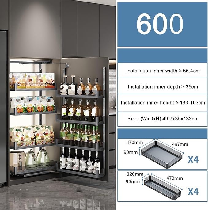 WIGING 4-Tier Narrow Cabinet Pull-Out Basket, High Cabinet Pull-Out Storage Rack with Adjustable Dividers for Kitchen Bathroom Pantry, Single-Layer Load Capacity: 15kg(49.7x35x133cm)