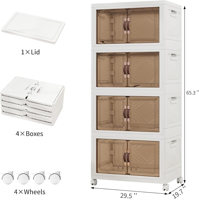 Storage Bins with Lids and Wheels, Collapsible Bathroom Storage Cabinet with Clear Doors, Plastic Stackable Closet Organizers and Containers White 628 QT