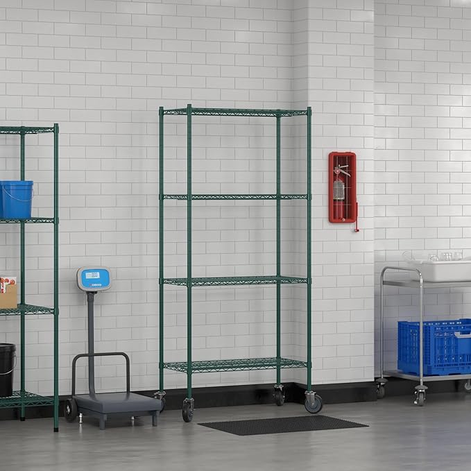 Commercial NSF Listed Green Epoxy Mobile Wire Shelving Kit 18" x 36" x 80", with 4 Shelves Perfect for Warehouse, Walk-in Refrigerator, Freezer, Grocery Store, Restaurant, Dishroom