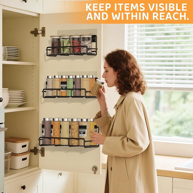 2 Pack Wall Mount Spice Rack Organizer, for Kitchen Pantry Door Storage and Organization, Heavy-Duty Metal Kitchen Spice Rack, Flexible Wall Iron Shelves with Adhesive Hook, Black