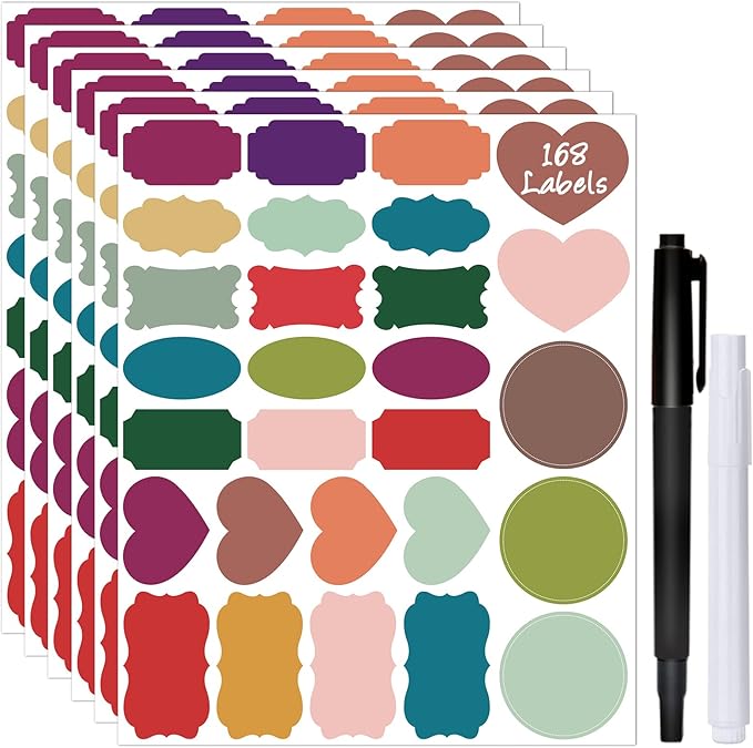 Colored Label Stickers, Removable Chalkboard Labels with 2 Markers, Waterproof Kitchen Labels Self-Adhesive Gift Tag Stickers for Mason Jar,Storage Bin,Food Container,Home Organization,168Pcs