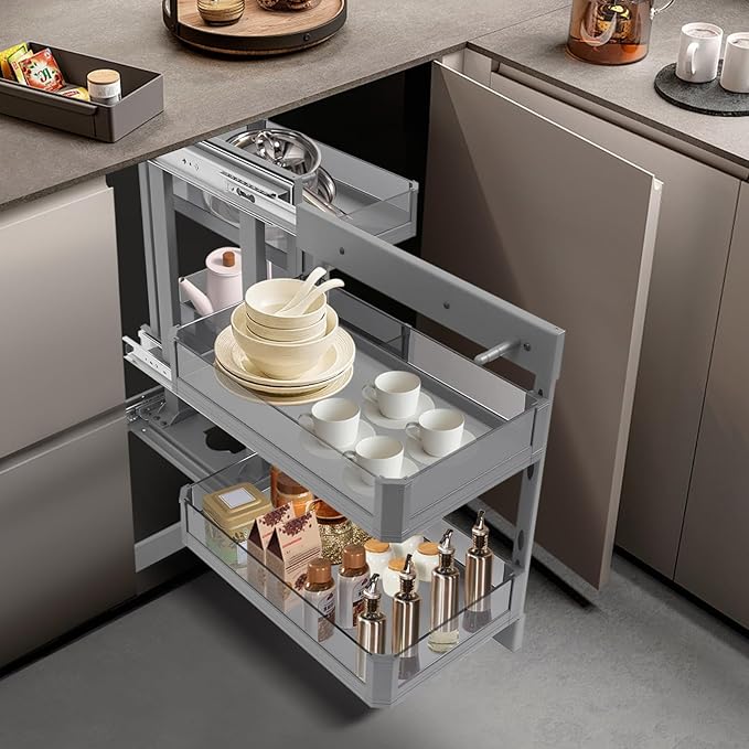 2 Tier Corner Blind Cabinet Pull-Out Organizer, Minimum Opening 14.57 Inch Corner Blind Pull-Out Storage Shelf, Sliding Organizer Baskets, Fits Left and Right Opening
