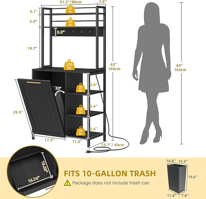 YITAHOME Black 6-Tier Pantry Cabinet with Trash Can Storage & Power Outlet, Large Freestanding Kitchen Organizer for Microwave, Coffee Bar & Dining Room, Bakers Rack with Storage