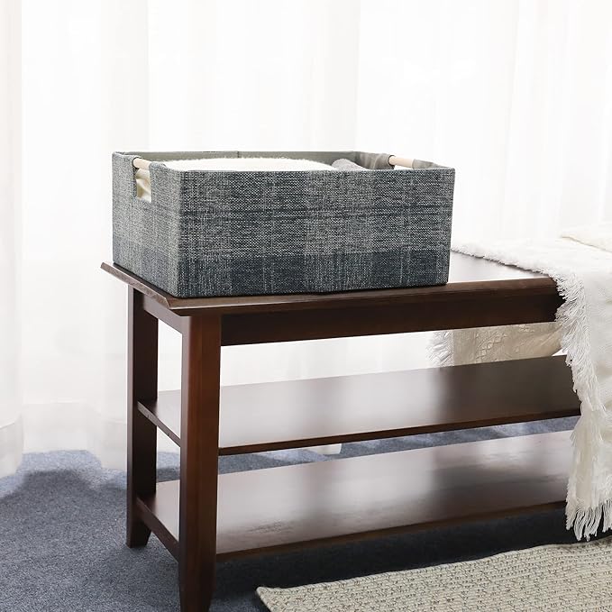 Fabric Storage Bin Box Collapsible Cotton Linen Storage Cube with Wooden Handles Rectangular Decorative Home Organizer Clothes Blanket Basket– Dark Gray Plaid, Large
