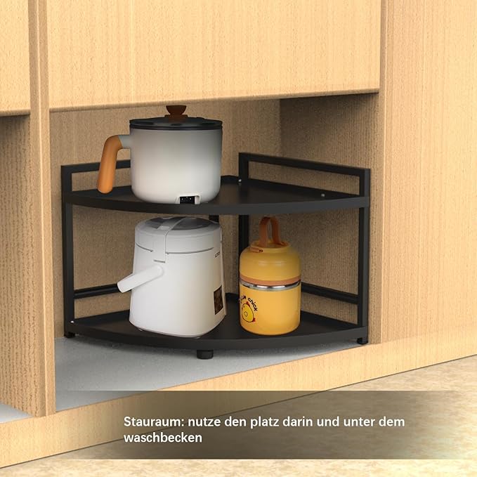 HUIJIN 2 Tier 90°Corner Shelf for Kitchen - Space-Saving Spice Rack, Pot & Pan Organizer, Under Sink Storage - Sturdy Iron Tiered Shelves RA07 [H30/W40]