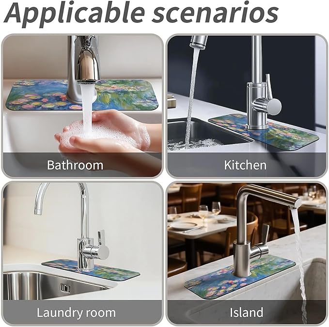 Kitchen Sink Splash Guard，Lotus in the pond Faucet Mat Sink Gadgets-Super Absorbent Fast Drying Mat Drip Catcher for Kitchen, Bathroom,Sink Mat, Dish Drying Mat, Bathroom(15" X 5.5" )
