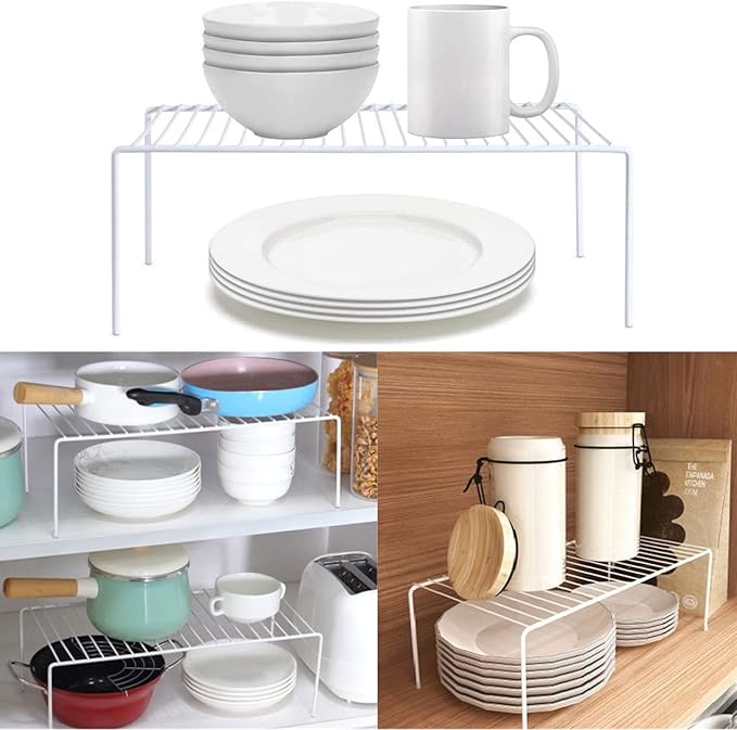 Kitchen Cabinet Shelf Organizer Set of 4, Medium (13 x 9.4 inch) Metal Wire Pantry Storage Shelves, Dish Plate Racks for Cabinets, Freezer, Counter, Cupboard Organizers and Storage, White