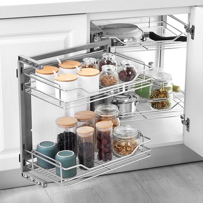 Gdrasuya10 Stainless Steel Blind Corner Cabinet Pull Out Organizer, 2 Tier Corner Pull Out Cabinet Steel Slide Out Organizer Kitchen Deep Cabinet Storage Organizer Shelf for 16" Left Opening Door
