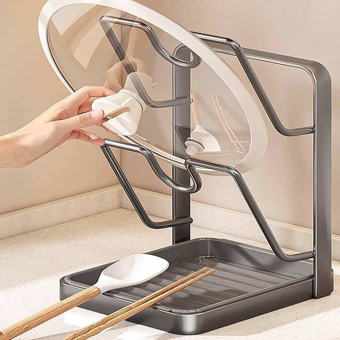 Kitchen Pot Lid Storage Rack, Double-layer Stainless Steelcooking Rack Pot Lid Holder With Tray While Cooking,While Cooking, Lid And Spoon Rest,With Removable Drip Tray (Gray Single-layer)