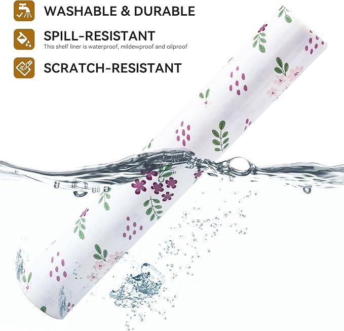 RAY STAR Shelf Liner, 18 Inch x 8 Feet Non Adhesive Purple Pink Floral Kitchen Cabinet Liner for Pantry Drawer Vanity, Strong Grip Non Slip Waterproof, Shelf Liners for Kitchen Cabinets Cupboard